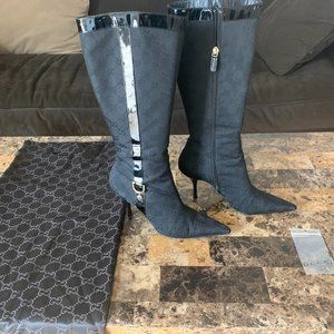 GUCCI BLACK LEATHER LOGO CANVAS BOOTS 37.5